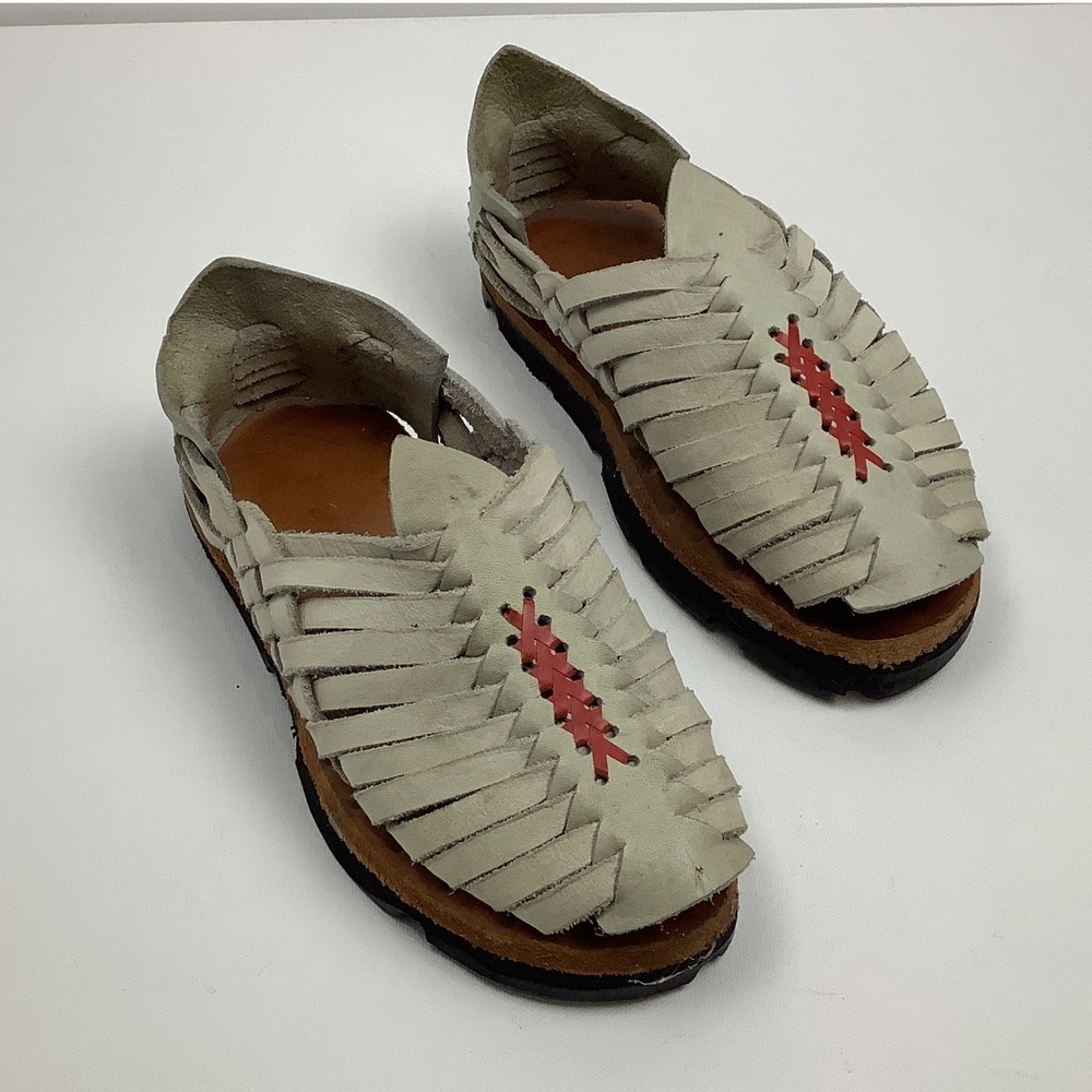 Handmade Mexican Huarache Sandals Woven Leather Flats Off White Red Stitching